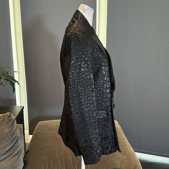 Black Patterned Double Breasted 2 Piece Suit Tuxedo Size 34 Jacket 29/31 Pants - Picture 3 of 15